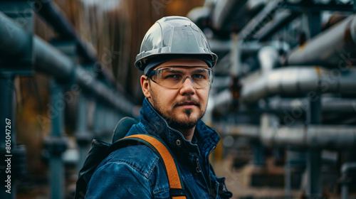 a man wearing a hard hat and glasses is standing in front of a metal pipe