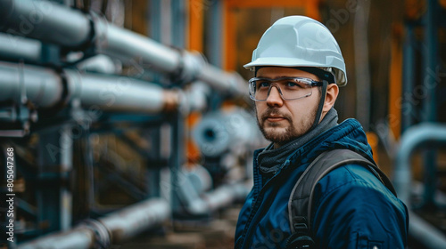a man wearing a hard hat and glasses is standing in front of a metal pipe