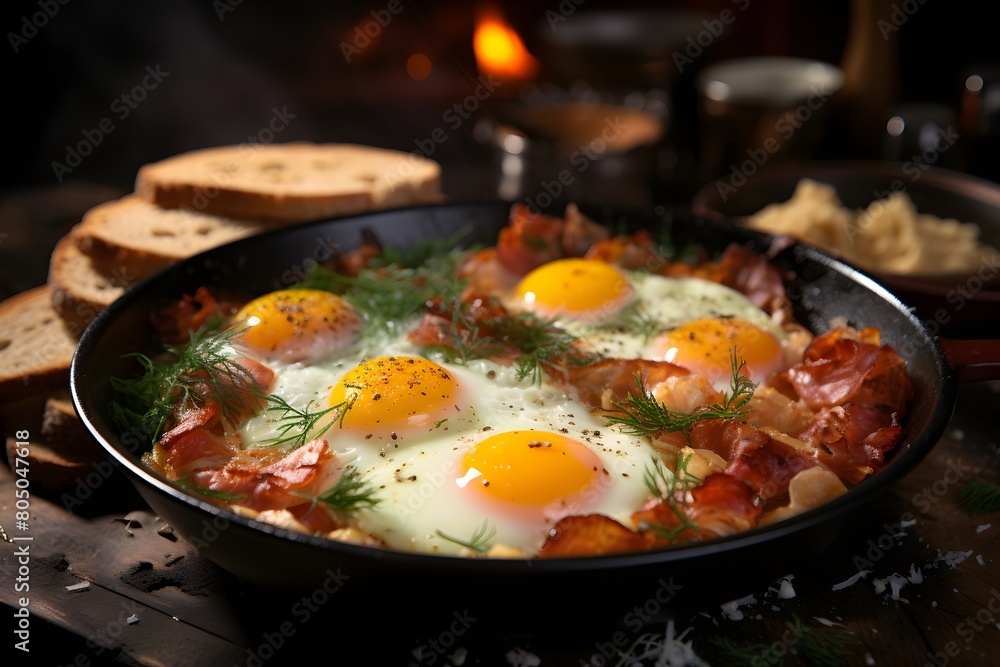 fried eggs with bacon and cheese in a frying pan on a dark background