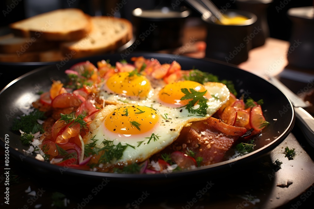 Fried eggs with bacon and vegetables in a pan on a wooden table Fried eggs with bacon and vegetables in a pan on a wooden table