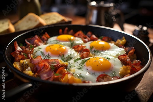 Fried eggs with bacon and vegetables in a pan on a wooden table