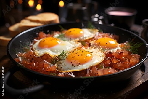 Fried eggs with salmon in a pan on a dark background.