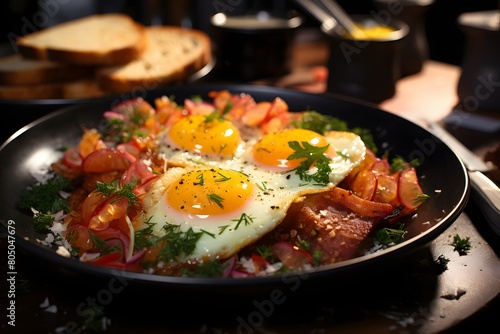 Fried eggs with bacon and vegetables in a pan on a wooden table