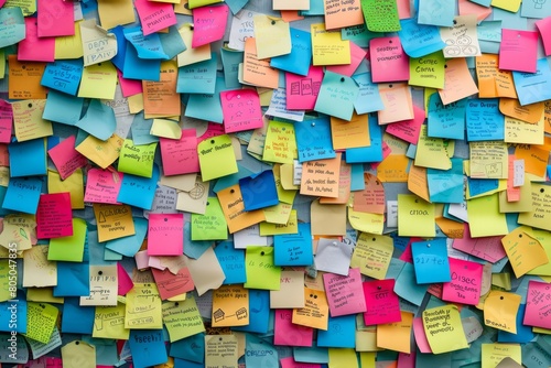 A bulletin board completely covered in colorful post-it notes with various messages and reminders