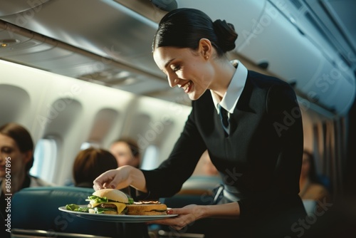 A flight attendant in the business class section serves a sandwich to a passenger onboard an airplane photo