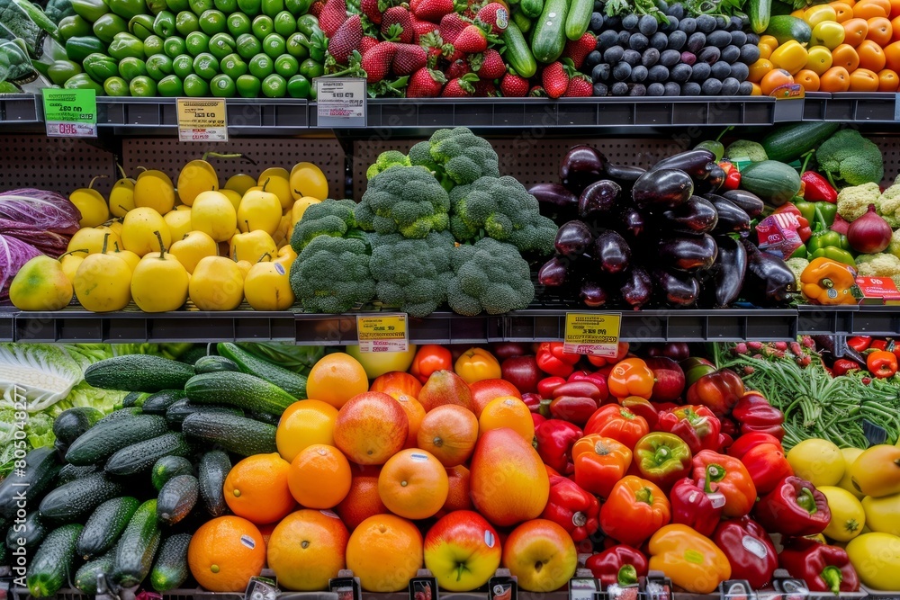 A display in a grocery store filled with various colorful fruits and vegetables, showcasing a vibrant mix of produce for sale