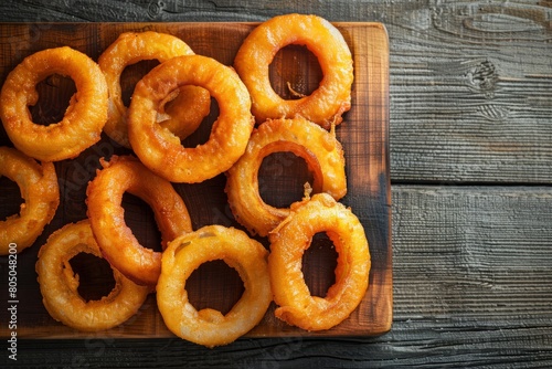 A top-down view of a wooden cutting board covered with golden crispy onion rings arranged in a neat pattern