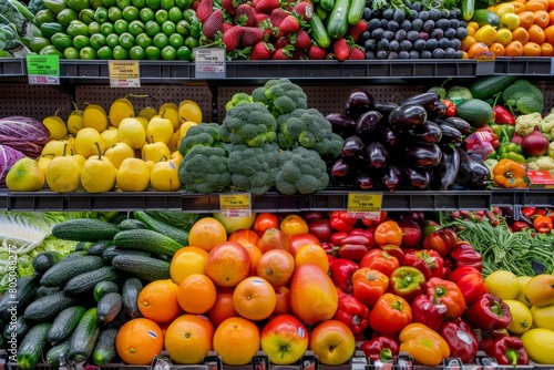 A display in a grocery store filled with various colorful fruits and vegetables  showcasing a vibrant mix of produce for sale