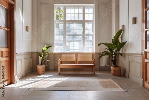 Room with a bench  potted plants  and a window showcasing minimalist design with modern Scandinavian aesthetics