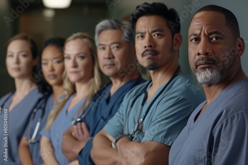 An angled view showing a line of doctors from various ethnic backgrounds dressed in scrubs, standing shoulder to shoulder