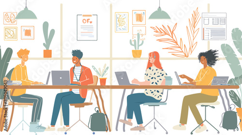 Freelancers collaborating in bright co-working space