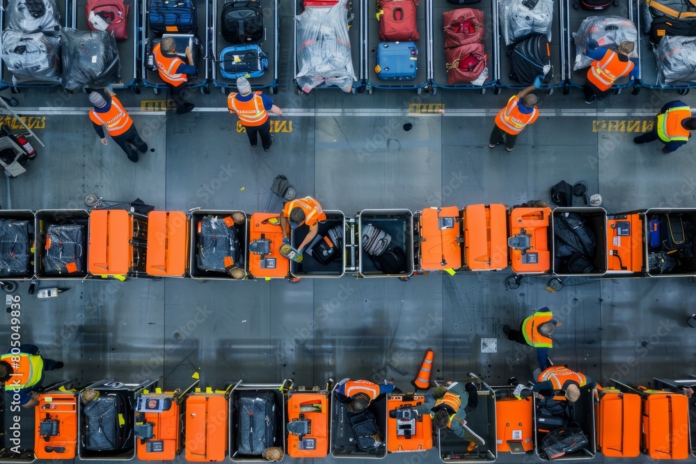 Group of airport workers in orange vests managing a busy luggage line
