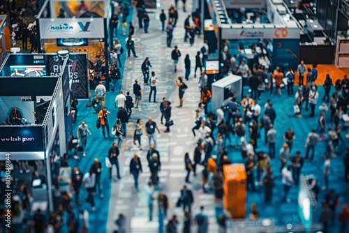 A dense crowd of attendees walking around a tech conference center, navigating between high-tech exhibits and booths photo