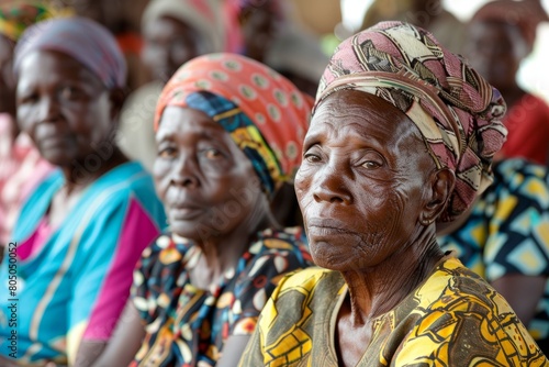 Elderly women participate in a community development meeting, sitting closely next to each other