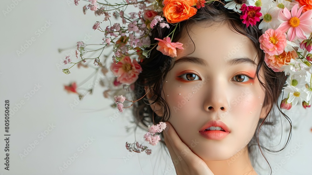Naklejka premium Beautiful asian woman model with flower on the white background