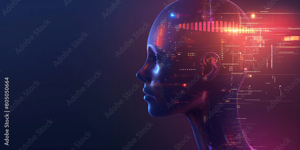 Digital representation of a human face illuminated by network connections, symbolizing the convergence of humanity and advanced technology. Digital representation of a human face illuminated by network connections, symbolizing the convergence of humanity and advanced technology.