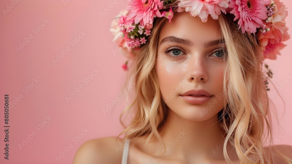 Beautiful blond woman model with flower on the pink background Beautiful blond woman model with flower on the pink background