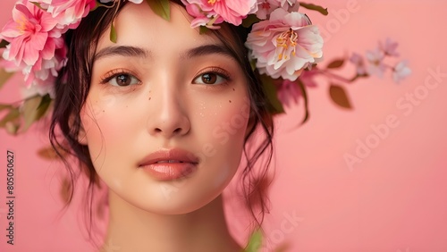 Beautiful asian woman model with flower on the pink background © choco