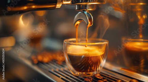 Close-up view of rich espresso brewing from a high-end coffee machine, capturing the perfect crema and aromatic coffee beans. photo