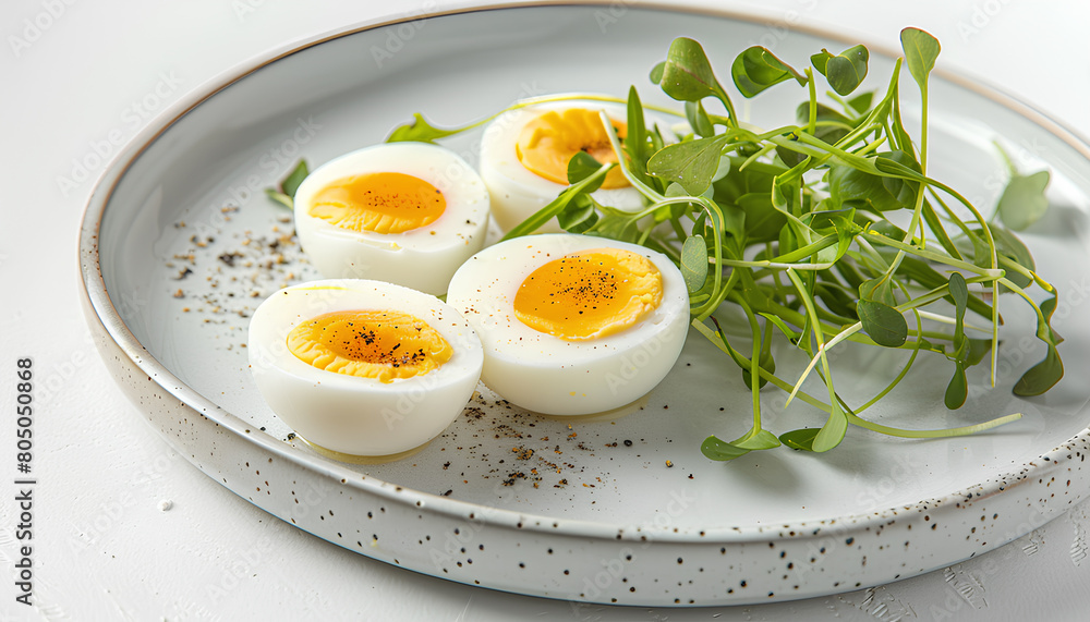 Soft boiled eggs with micro green on white background Soft boiled eggs with micro green on white background