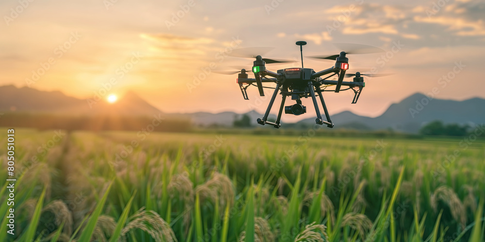 Drone flying over golden rice fields at sunset. Agricultural technology concept. High angle view with copy space. Drone flying over golden rice fields at sunset. Agricultural technology concept. High angle view with copy space.