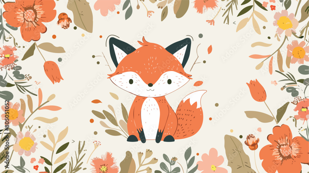 A little fox surrounded by forest wildflowers 