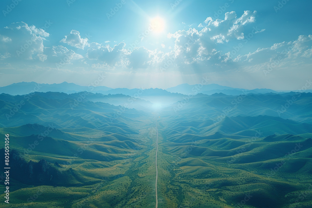 Obraz premium Sweeping drone shot over the richly textured mountain ranges bathed in sunlight. AI generated.
