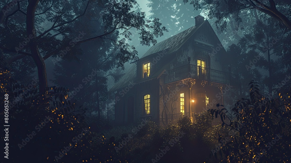 Horror halloween haunted house in creepy night forest Horror halloween haunted house in creepy night forest