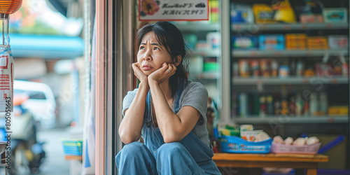 Woman deep in thought sitting at a grocery store entrance. Urban lifestyle and contemplation concept. Design for storytelling and emotional connection in visual media