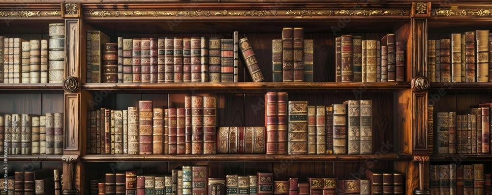 A large wooden bookshelf filled with old books. A large wooden bookshelf filled with old books.