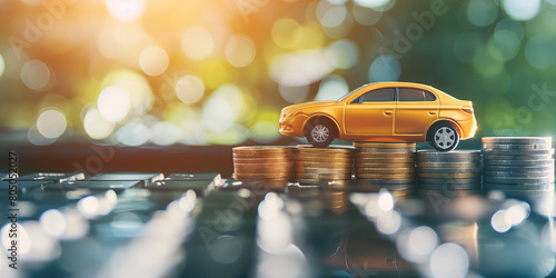 Automobile investment and financial planning concept: Toy car on stacked coins with a bokeh background. Design for presentations on vehicle financing and savings. photo