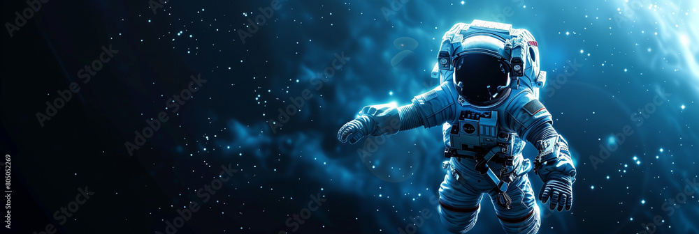 A 3D cartoon astronaut is depicted floating in space, presented as a very small figure in a wide shot. The scene features a bright colored background, evoking a sense of vastness and wonder. 