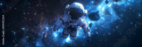 A 3D cartoon astronaut is depicted floating in space  presented as a very small figure in a wide shot. The scene features a bright colored background  evoking a sense of vastness and wonder. 