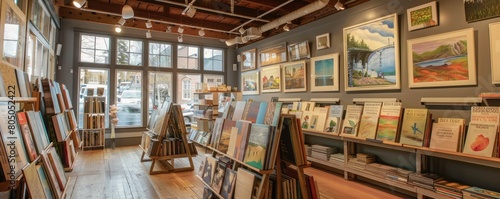 A bookstore with a variety of books and artwork on display. There are several comfortable seating areas where customers can relax and read.