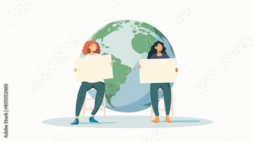 Activist two Women sit on the big globe and hold blan photo