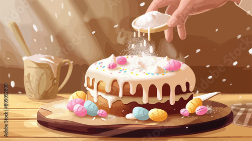 Adding sugar powder onto tasty Easter cake on wooden