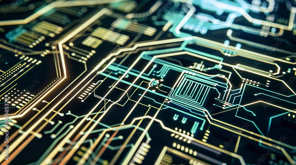 Close-up of electrical circuit board design on monitor, intricate traces and components, focused light. Close-up of electrical circuit board design on monitor, intricate traces and components, focused light.