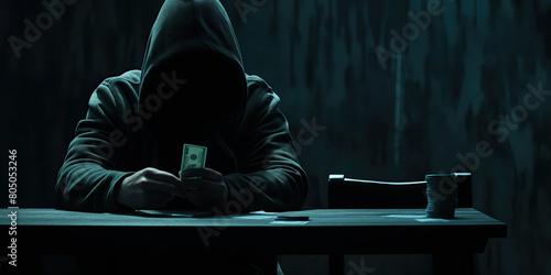 Financial hacker conducting anonymous cash transaction in dark environment. photo