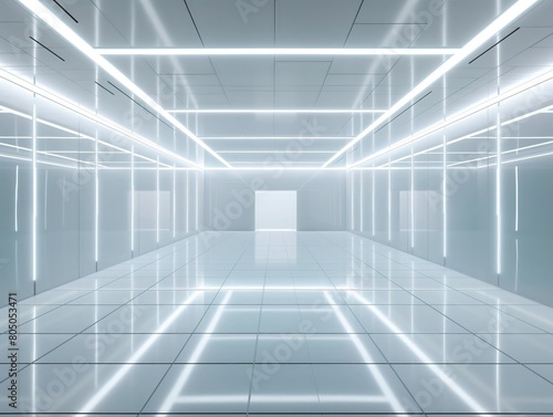 Modern and spacious corridor with glowing linear light fixtures and reflective floor.