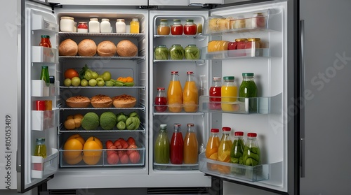 open refrigerator with alot of botel and other food in.generative.ai photo