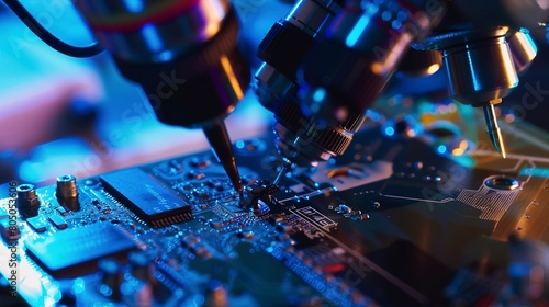 Quality control in electronics, inspecting solder joints with a microscope, close-up, sharp focus, controlled --ar 16:9 --stylize 0 Job ID: 5e2e844a-a658-4ea7-95a6-ca06bbf68d89