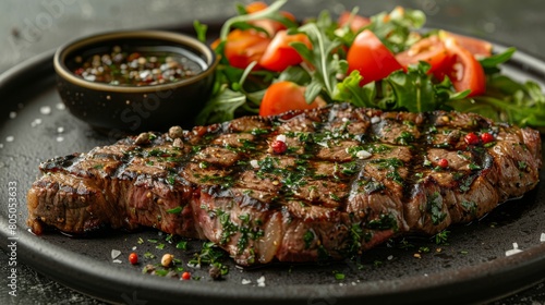 Chargrilled Steak with Fresh Herbs and Spices. Perfectly chargrilled steak garnished with herbs and spices, accompanied by a fresh side salad and soy sauce dressing. photo