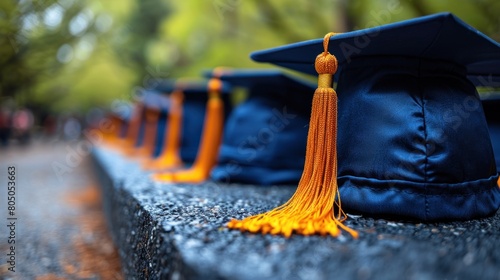 "Achievement Unlocked: Graduation Caps Lined Up in Academic Glory"
