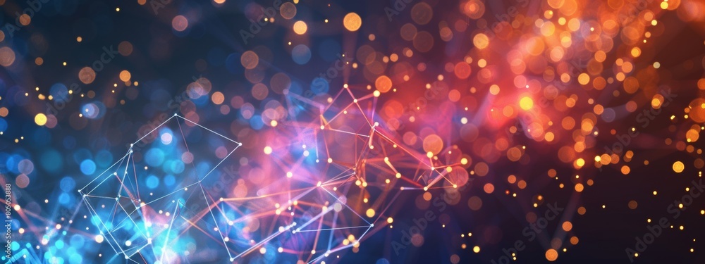 Abstract digital background with glowing light dots and network connections on dark blue, red, and orange colors. Abstract digital background with glowing light dots and network connections on dark blue, red, and orange colors.