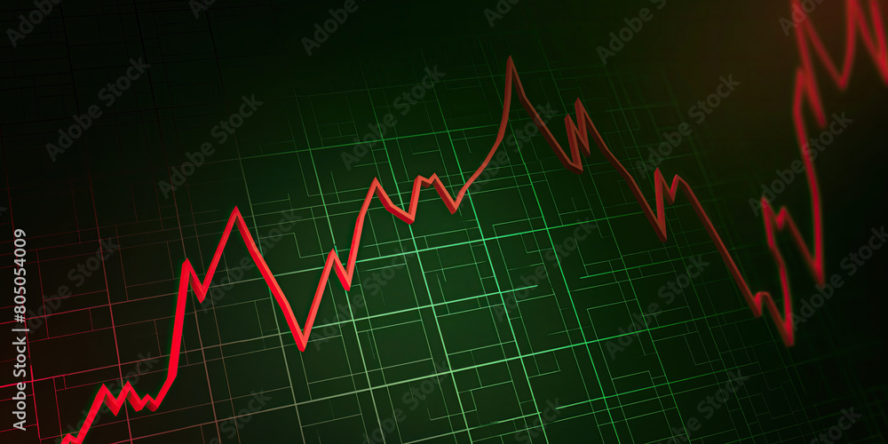 Digital graph displaying a volatile stock market trend with sharp rises and falls, represented in red against a dark green grid background, illustrating financial analysis and market behavior.