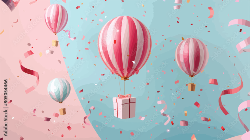 Air balloons gift box and confetti on color background