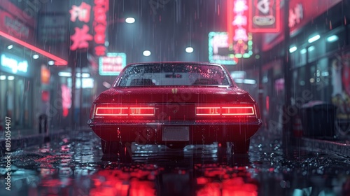 “Neon Nights: A Classic Car Under the Rain Amidst City Lights”