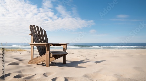A classic wooden Adirondack chair on a sandy beach, providing a comfortable spot to soak up the sun © XGraphic