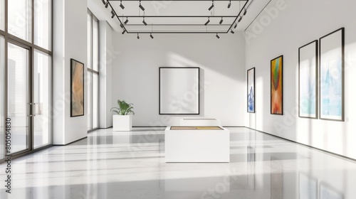 An art gallery with beautiful paintings displayed on minimalist white walls. Generative AI hyper realistic 