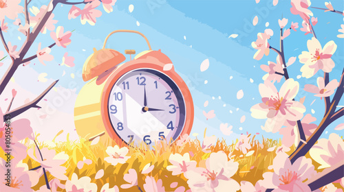 Alarm clock on table in blossoming garden. Concept of
